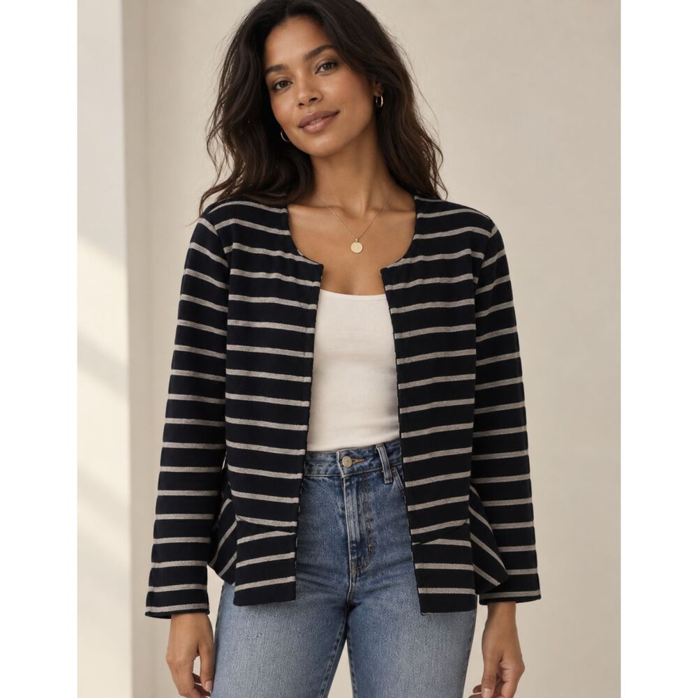 Jane & Delancey Navy Cream Striped Soft Blazer Cardigan Size L